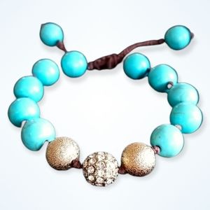 Hand Crafted Gold Rhinestone and Turquoise Howlite Ball Bead Adjustable Bracelet